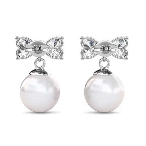 Heart Bow With Pearl Drop Earrings Australian Crystals - Picture 3 of 5